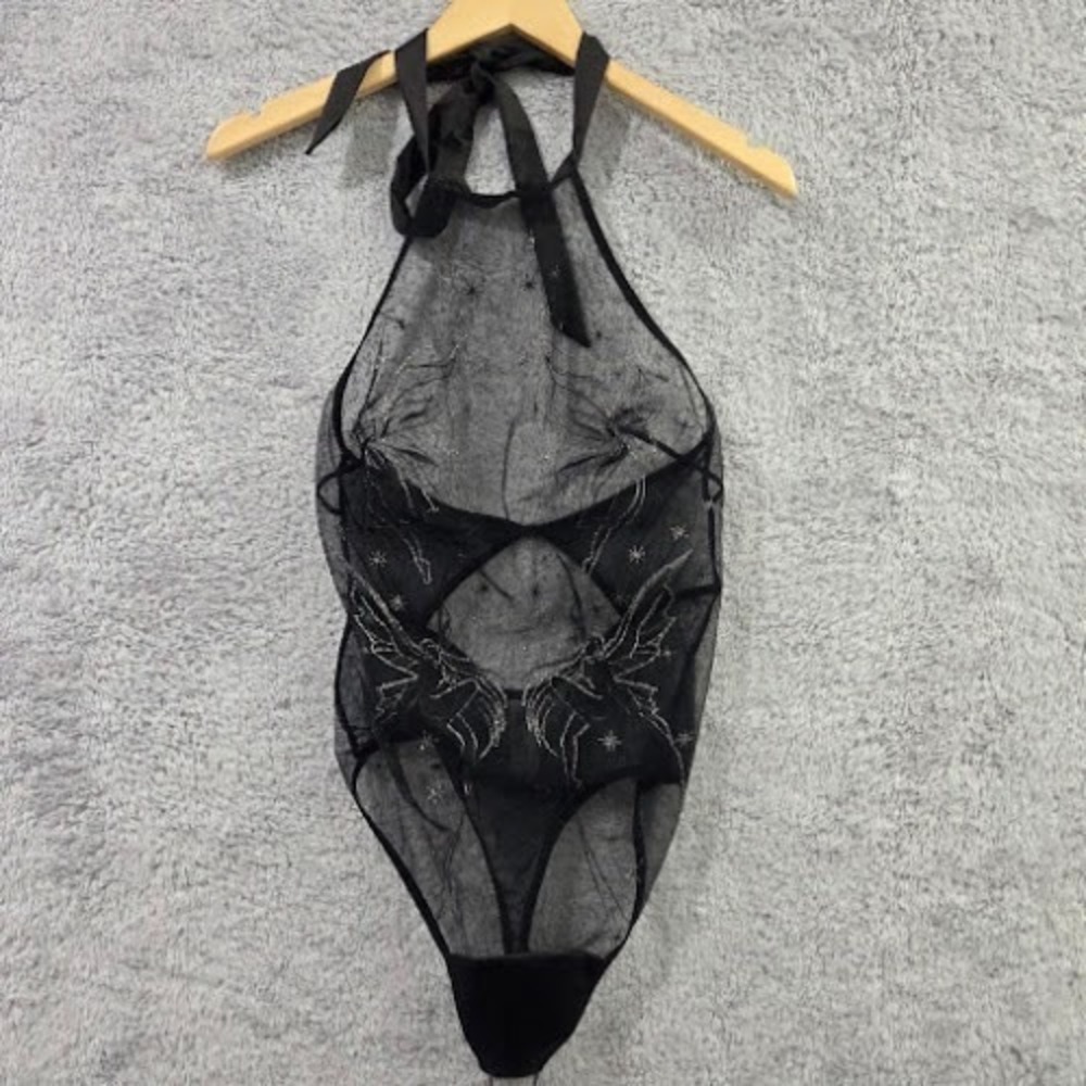 Thistle and Spire Fae Bodysuit Black Large Mesh Embroidered Halter Teddy NWT